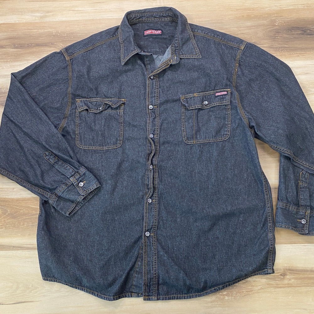 Craftsman Denim Work Shirt XXL Long Sleeve Button Down Cotton Relaxed Black Gray